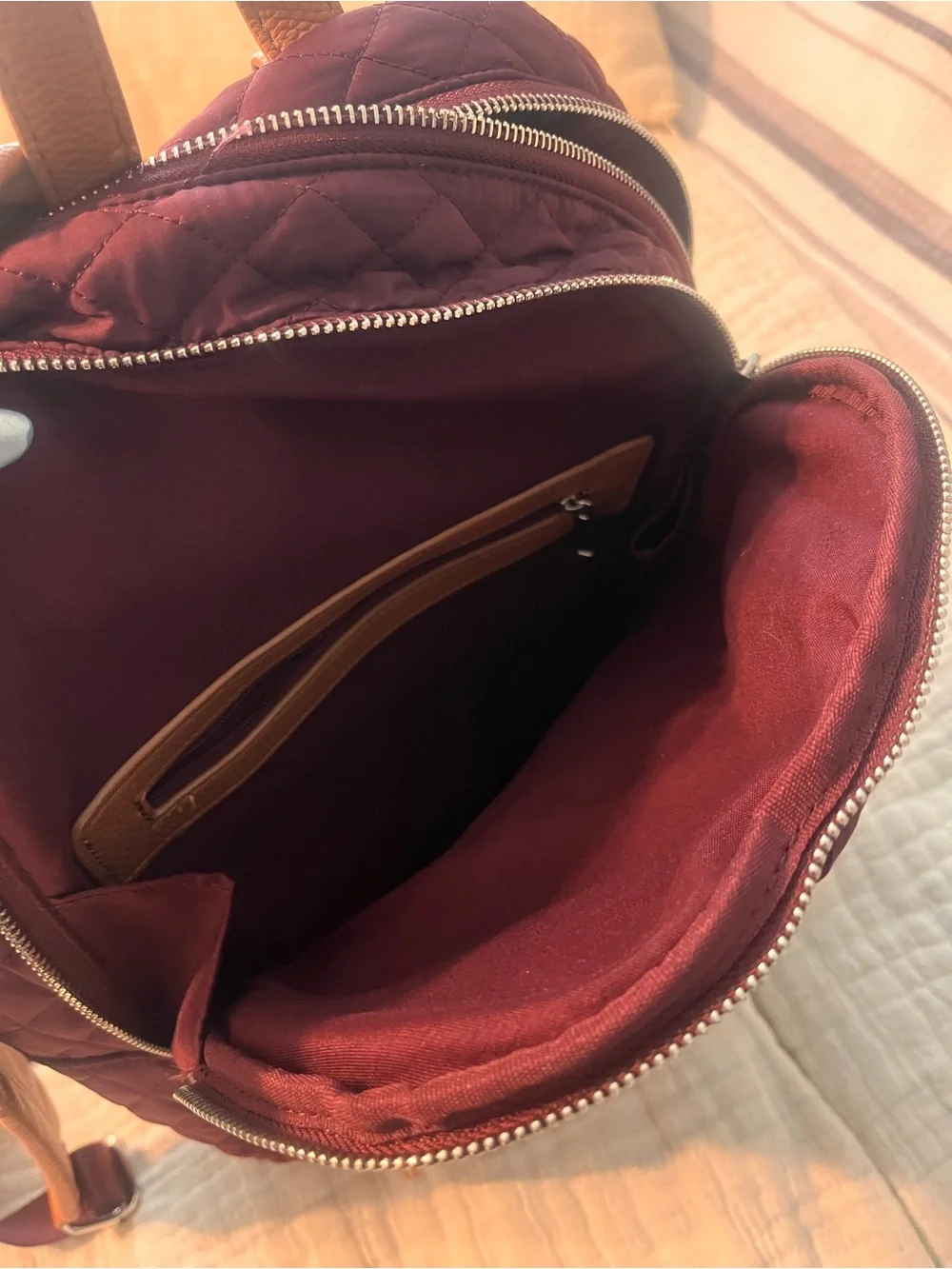 Martha Stewart Quilted Burgundy Backpack with Tan Straps